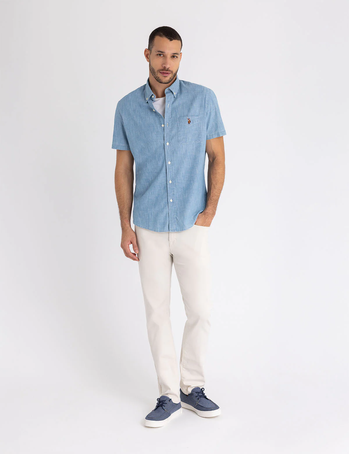 SHORT SLEEVE INDIGO CHAMBRAY SHIRT WITH POCKET - Image 3