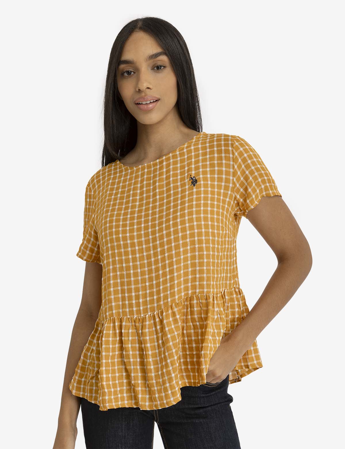 SHORT SLEEVE PEPLUM GRID TOP