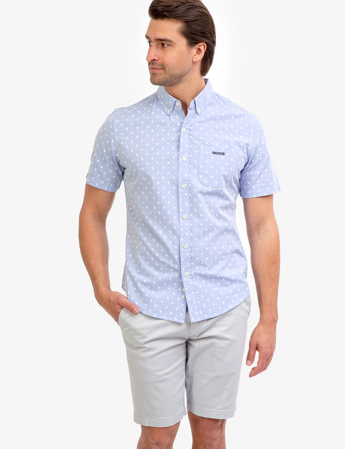 SHORT SLEEVE PRINTED CHAMBRAY SHIRT