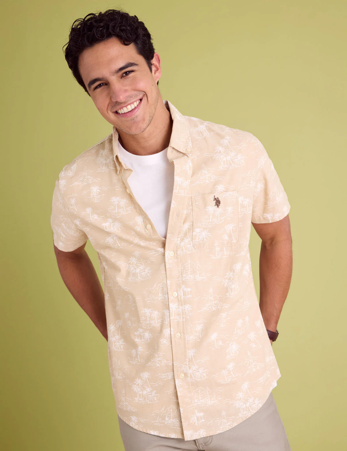 SHORT SLEEVE SLUB CHAMBRAY PALM PRINT SHIRT