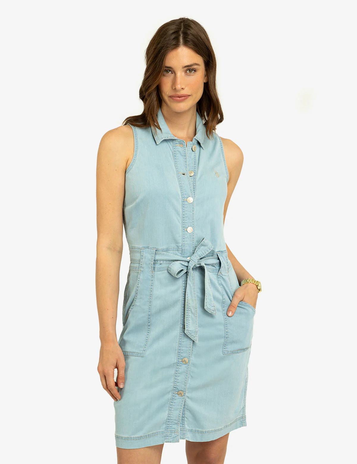 SLEEVELESS SELF TIE DENIM DRESS
