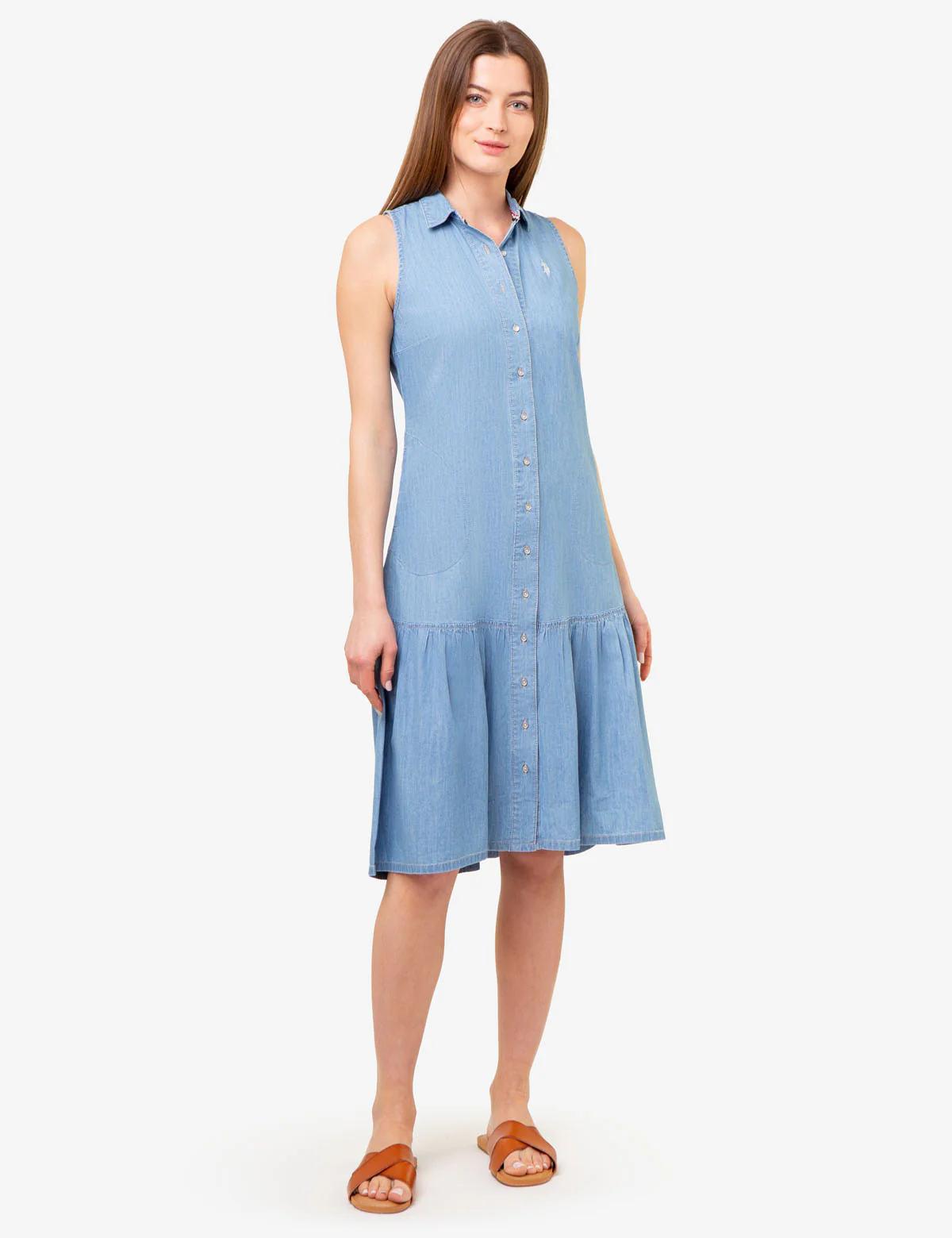 SLEEVELESS TIERED CHAMBRAY DRESS - Image 3