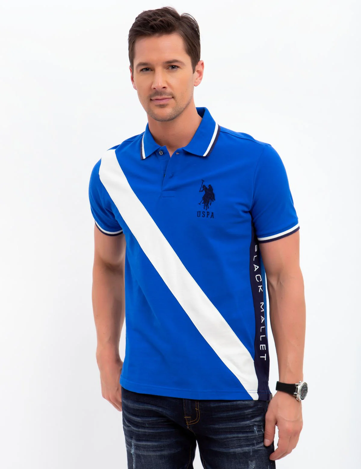 SLIM FIT BLACK MALLET DIAGONAL STRIPE POLO SHIRT - Image 5