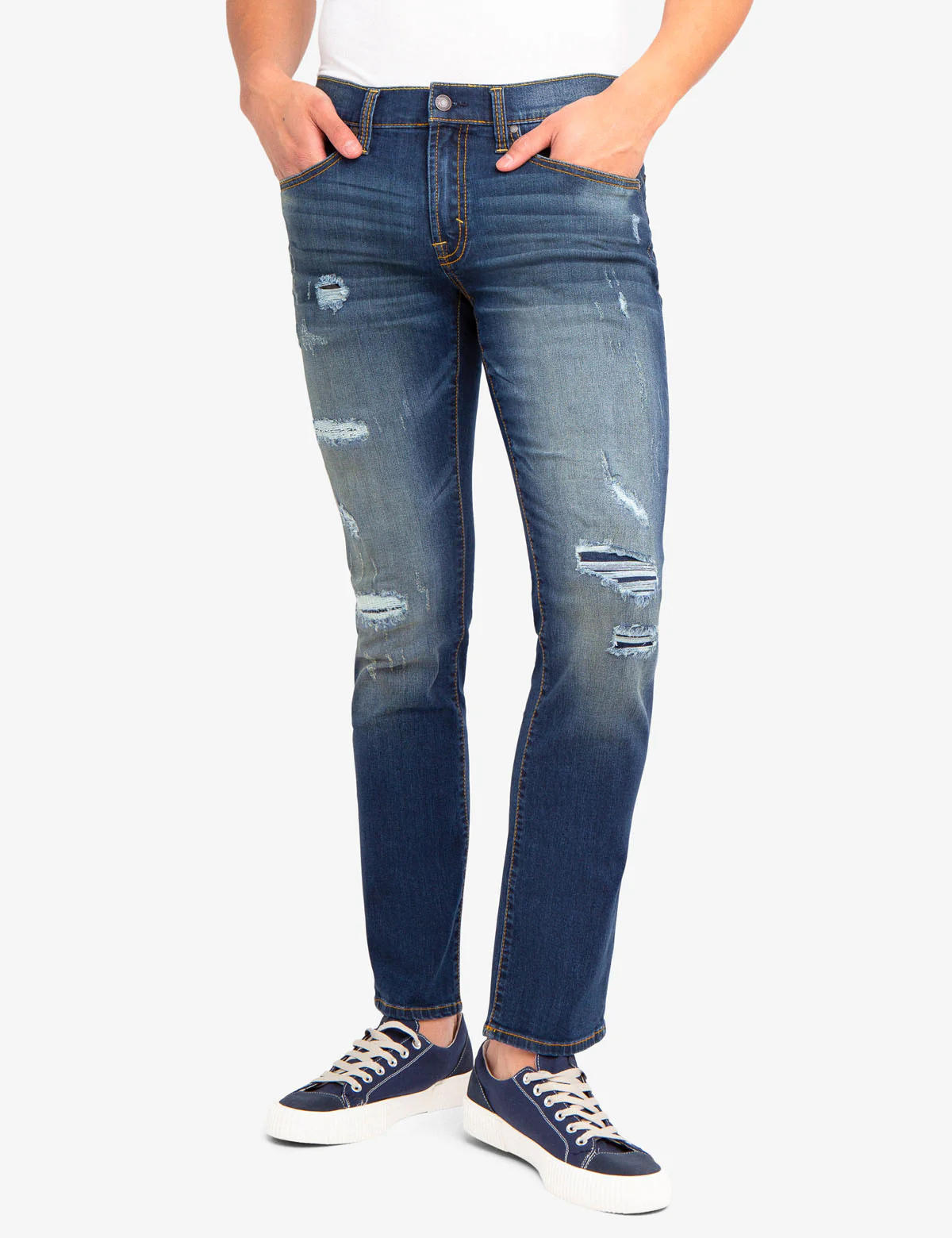REPREVE® SLIM JEANS WITH RIP & REPAIR