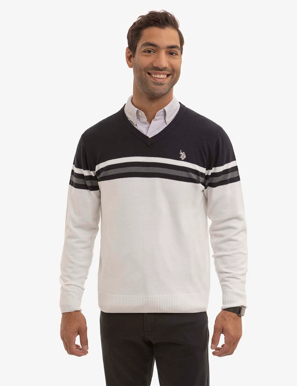 SOFT ENGINEERED STRIPE V-NECK SWEATER