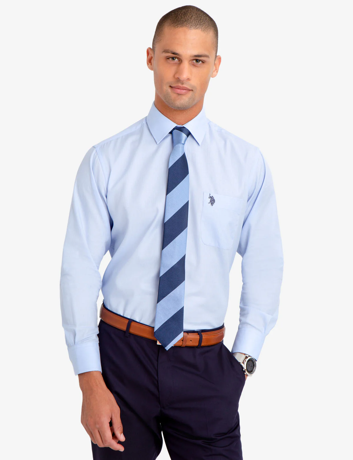 SPREAD COLLAR SOLID HERRINGBONE DRESS SHIRT