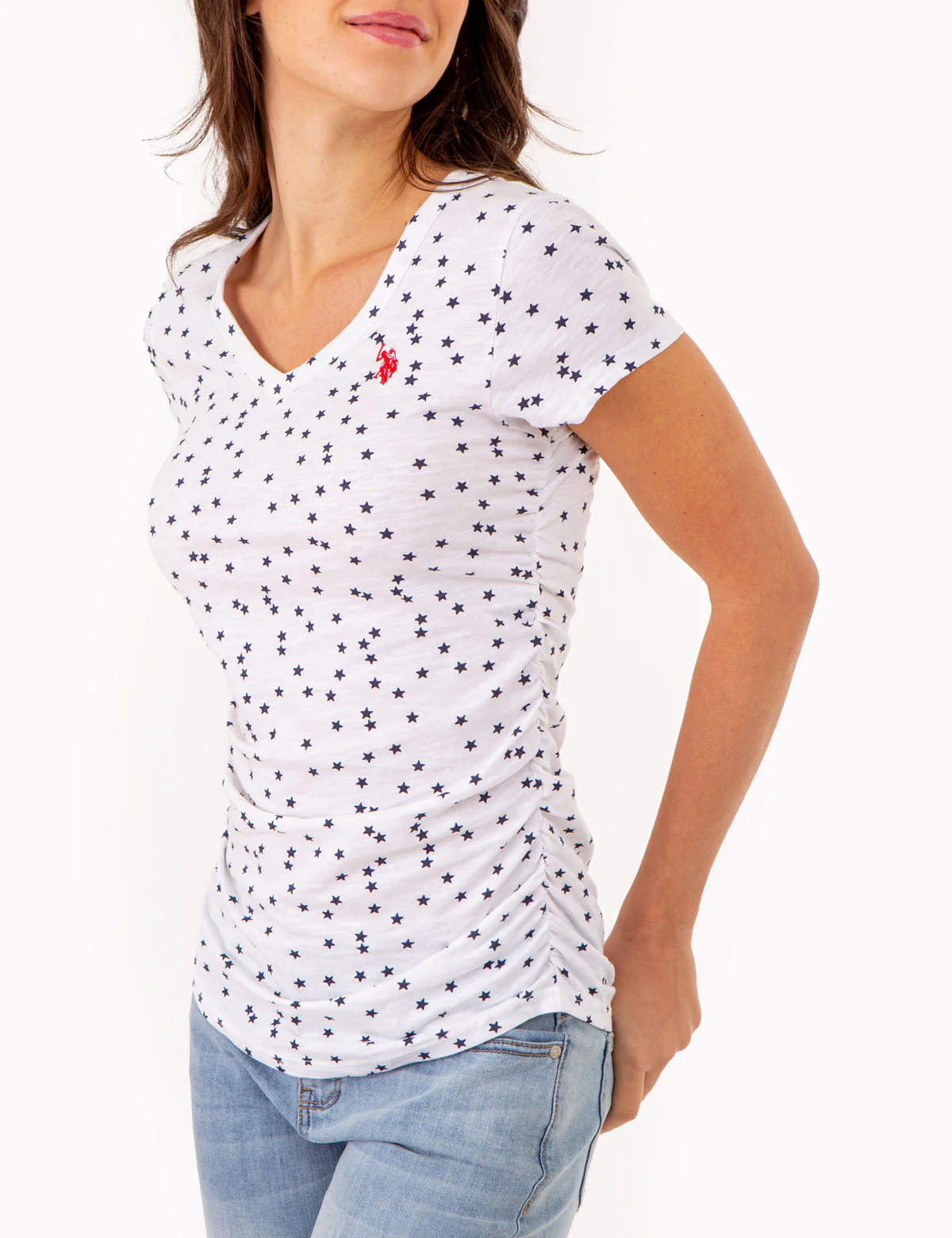 STAR PRINT RUCHED SIDE V-NECK T-SHIRT - Image 12