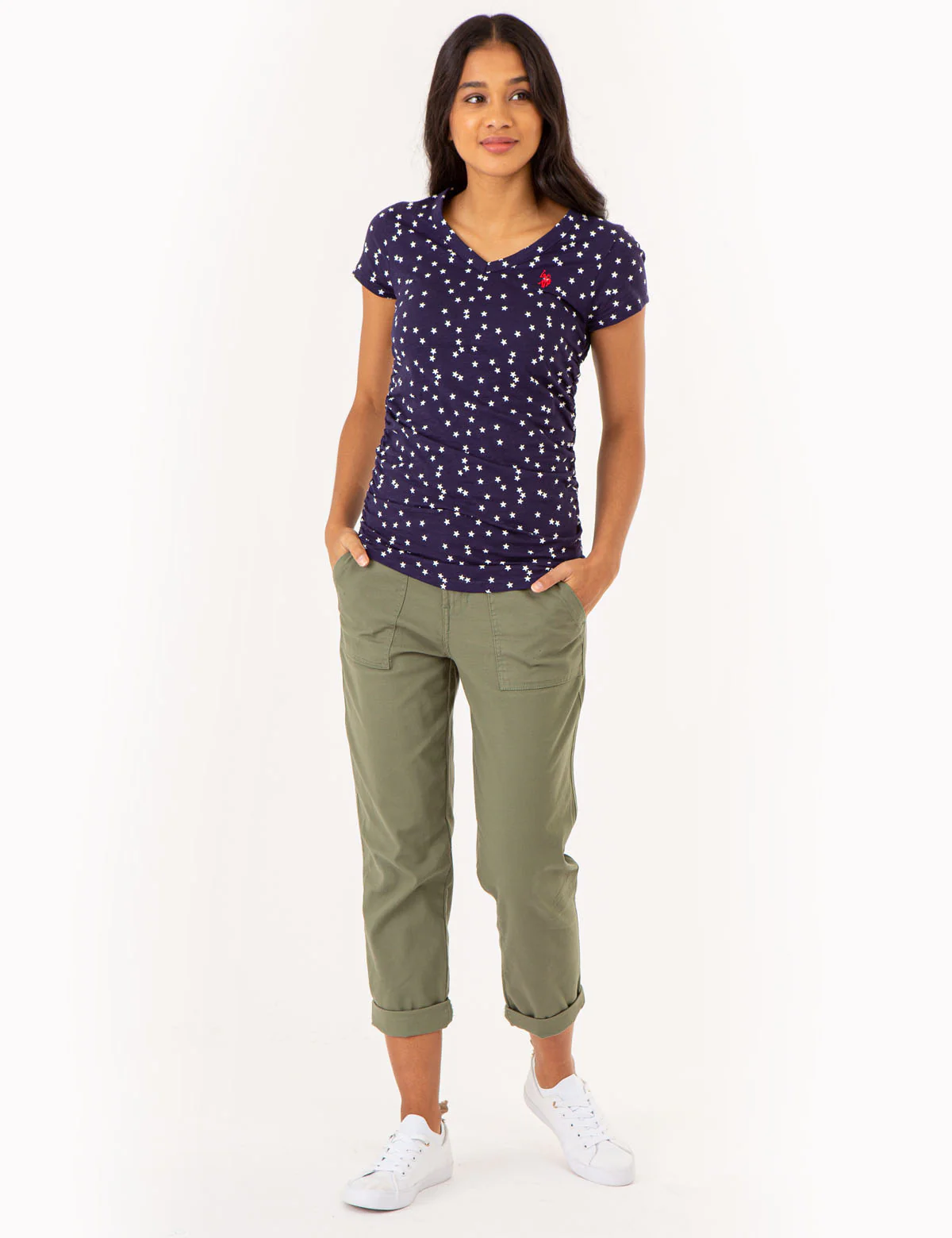 STAR PRINT RUCHED SIDE V-NECK T-SHIRT - Image 3