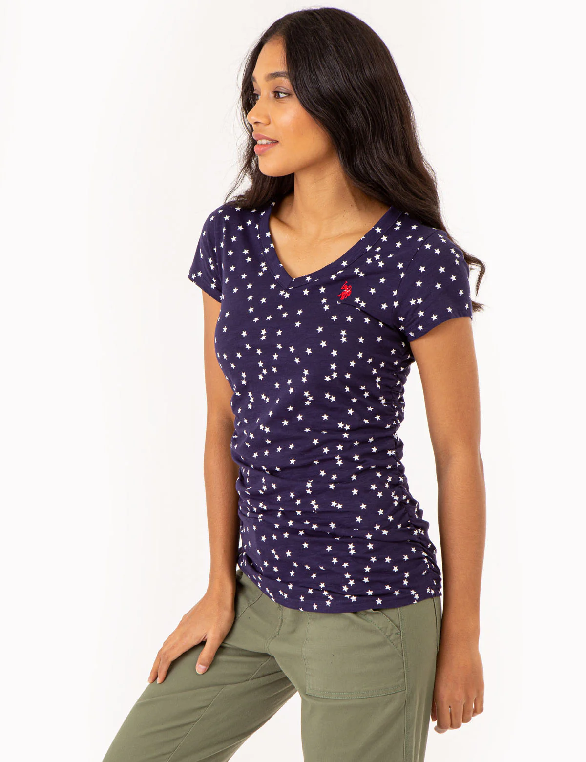STAR PRINT RUCHED SIDE V-NECK T-SHIRT - Image 4