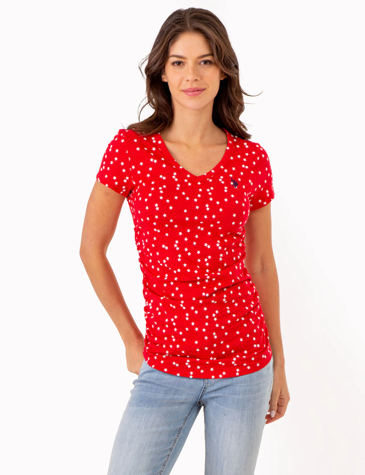 STAR PRINT RUCHED SIDE V-NECK T-SHIRT - Image 6
