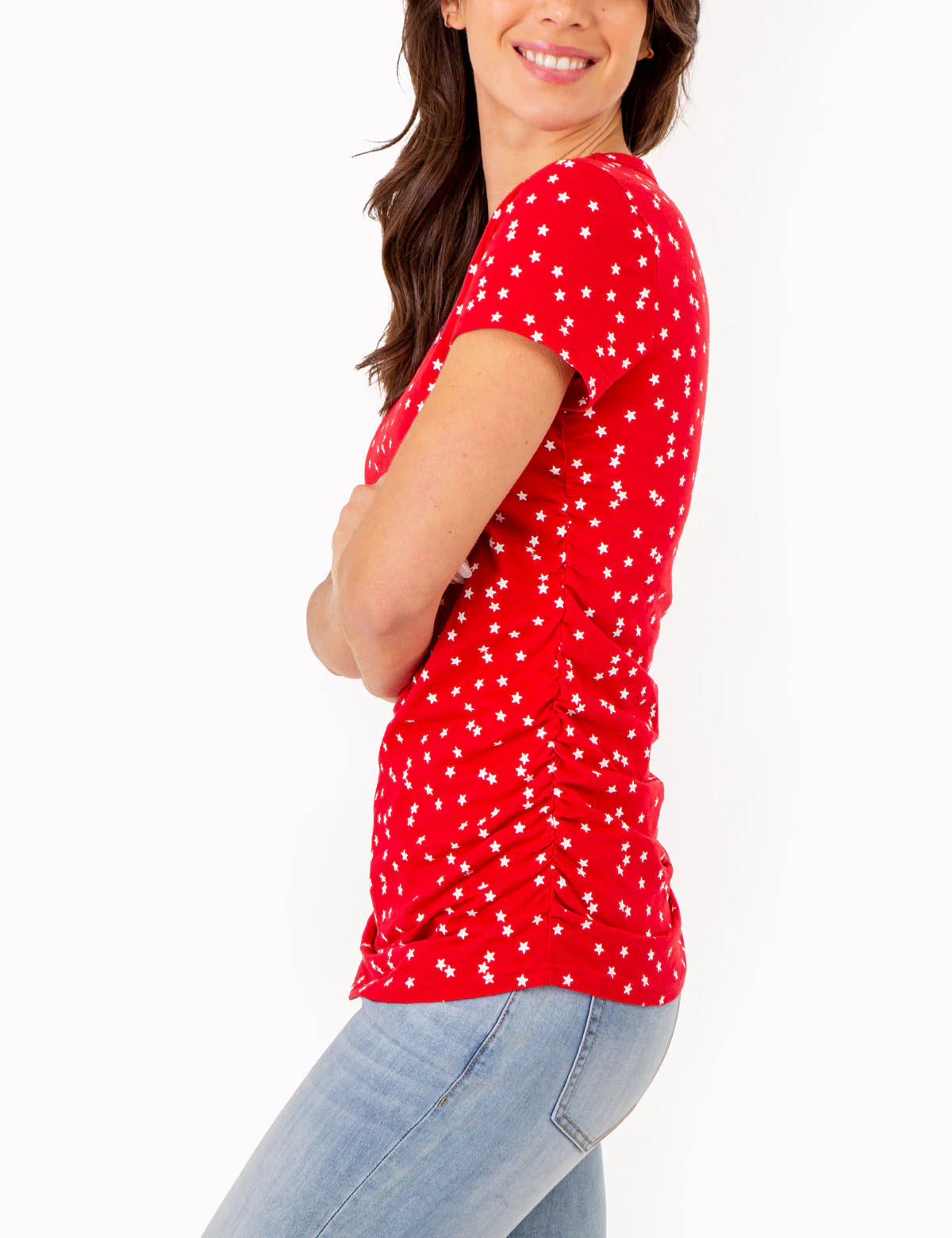 STAR PRINT RUCHED SIDE V-NECK T-SHIRT - Image 8