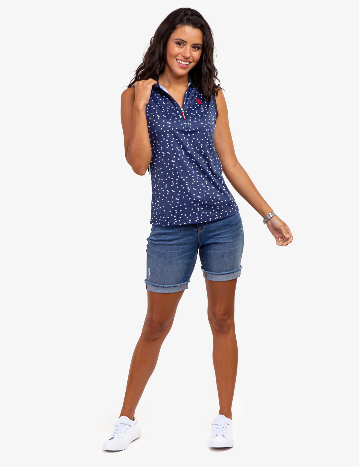 STAR PRINT SLEEVELESS ZIP POLO SHIRT - Image 7