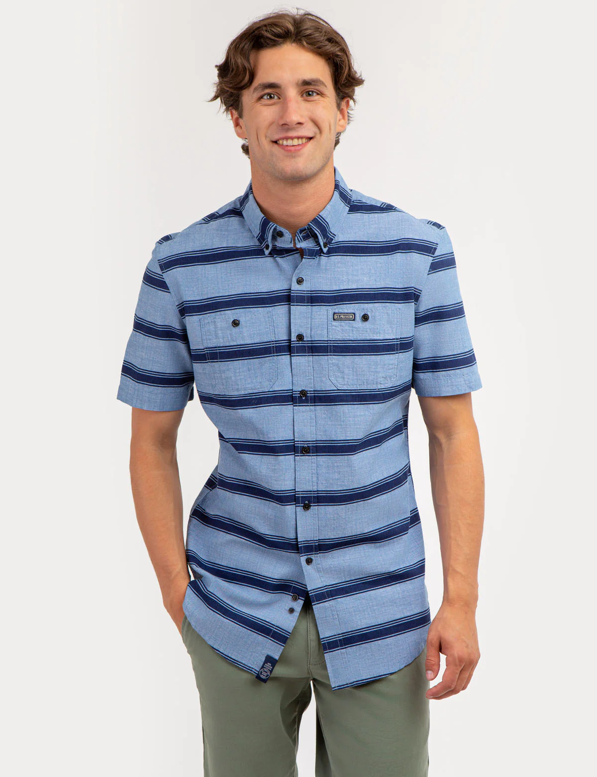 STRIPE PRINT DOUBLE CHEST POCKET SHORT SLEEVE SHIRT