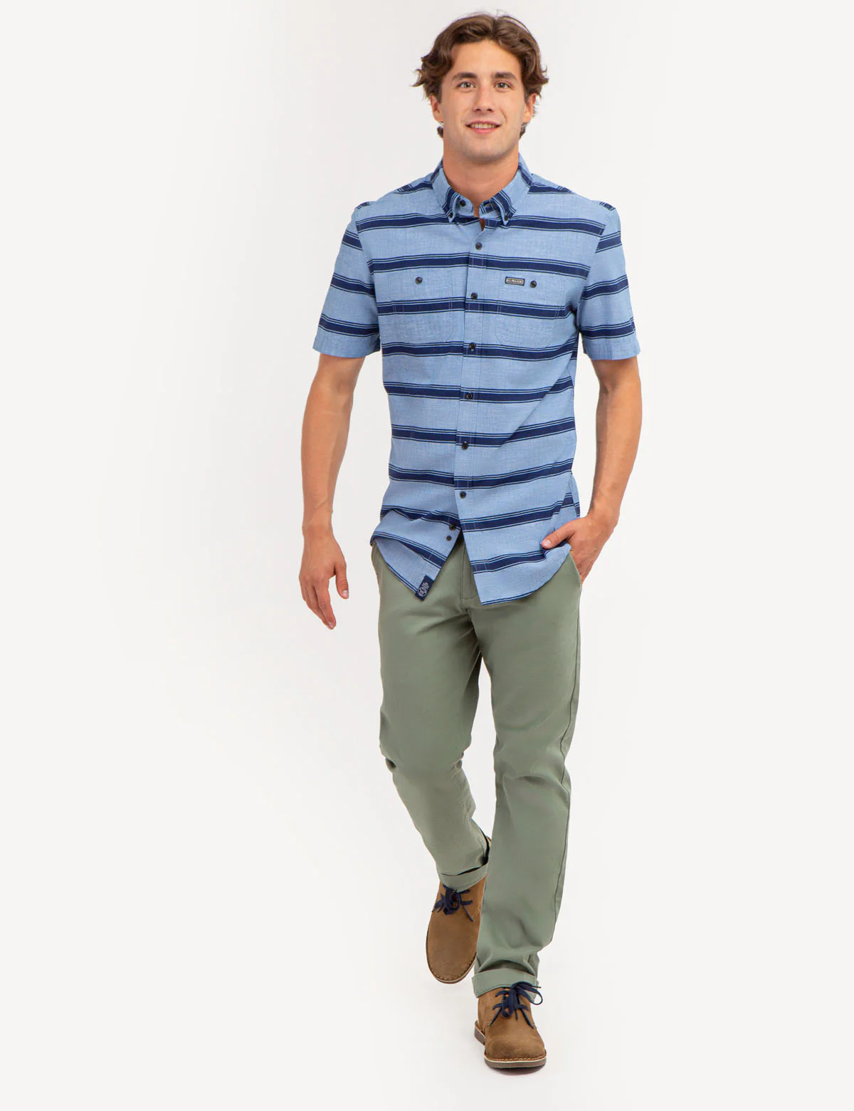 STRIPE PRINT DOUBLE CHEST POCKET SHORT SLEEVE SHIRT - Image 2