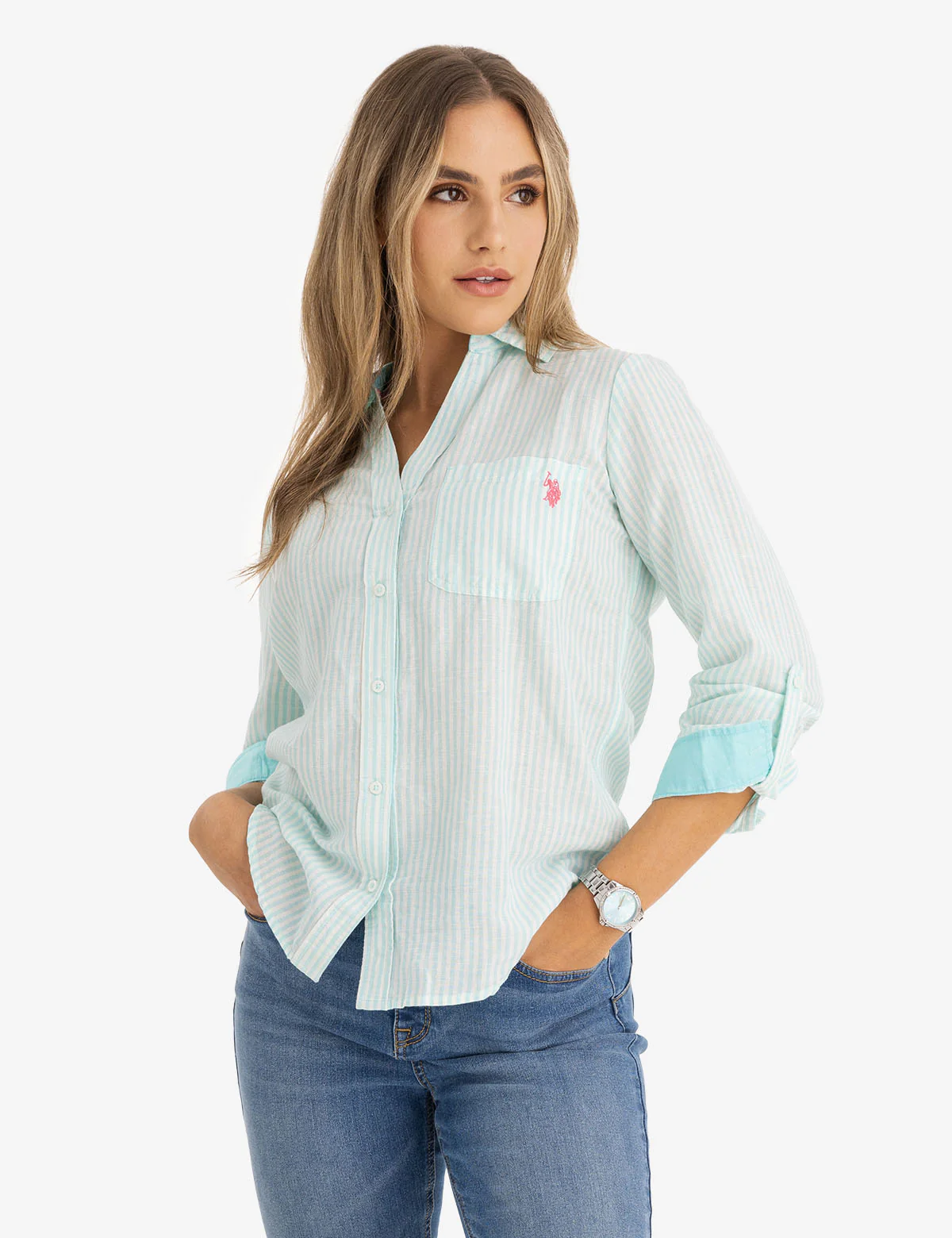 STRIPE ROLL SLEEVE WOVEN SHIRT - Image 3