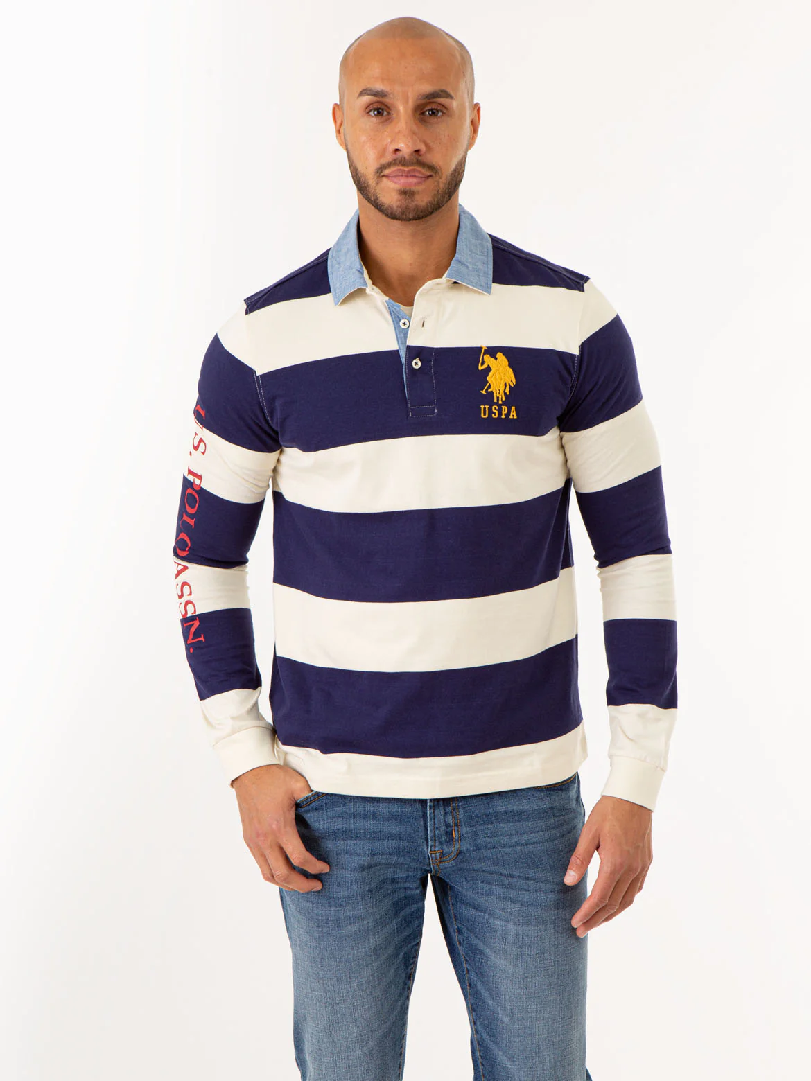STRIPED WOVEN COLLAR LONG SLEEVE POLO SHIRT