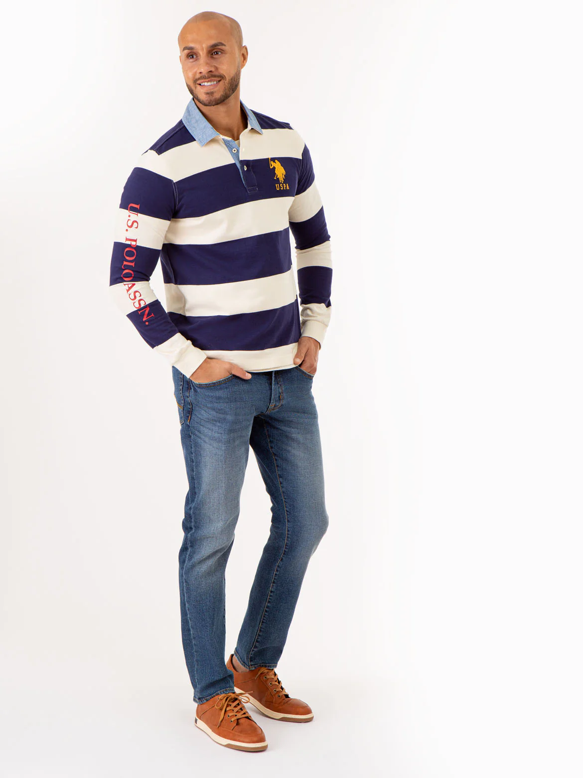 STRIPED WOVEN COLLAR LONG SLEEVE POLO SHIRT - Image 2
