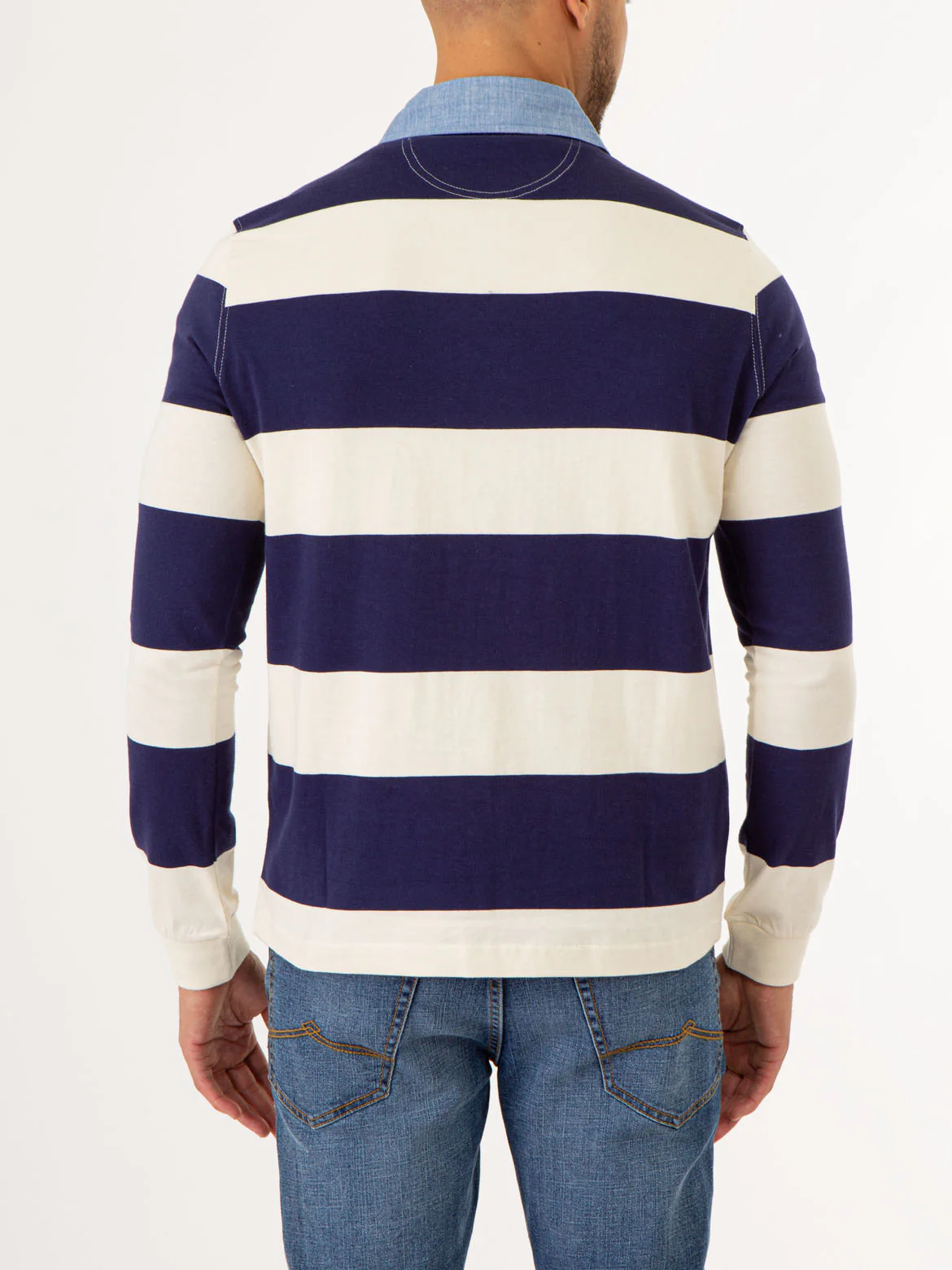 STRIPED WOVEN COLLAR LONG SLEEVE POLO SHIRT - Image 4