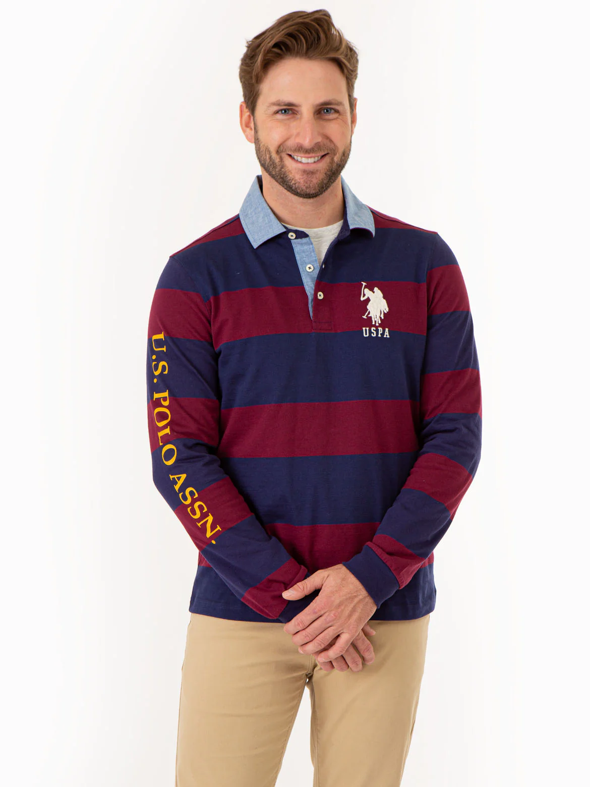 STRIPED WOVEN COLLAR LONG SLEEVE POLO SHIRT - Image 5