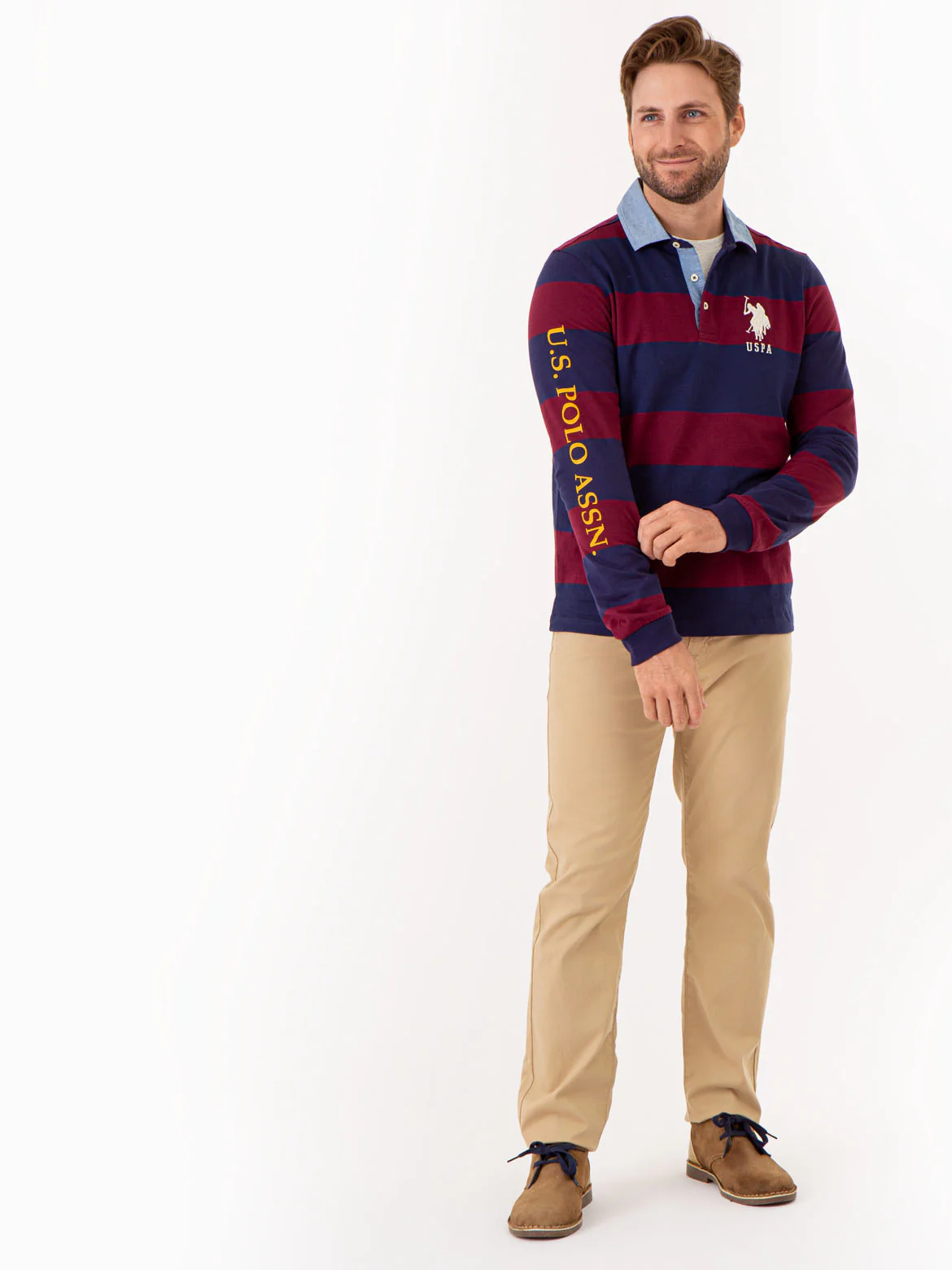 STRIPED WOVEN COLLAR LONG SLEEVE POLO SHIRT - Image 6