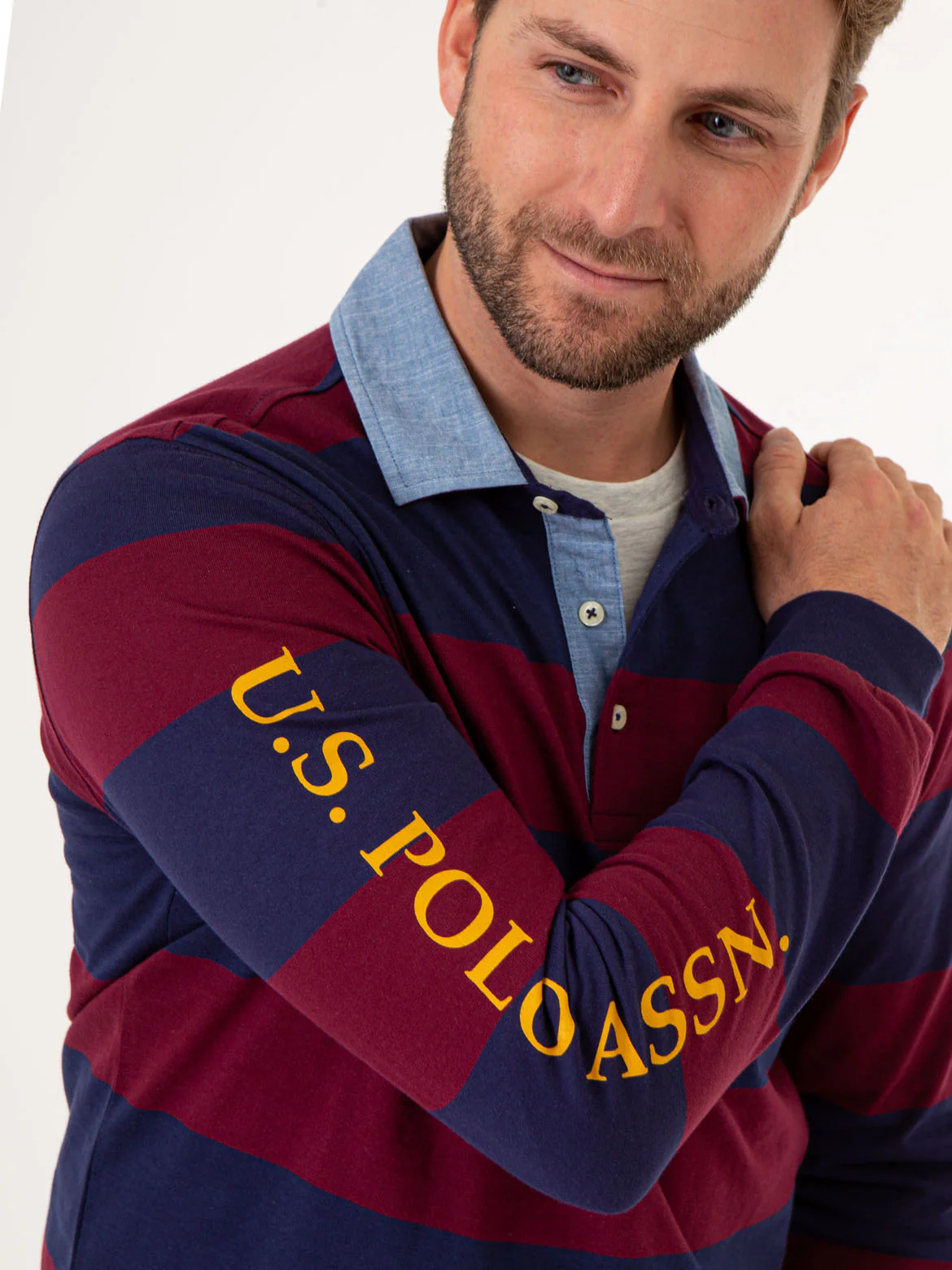 STRIPED WOVEN COLLAR LONG SLEEVE POLO SHIRT - Image 7