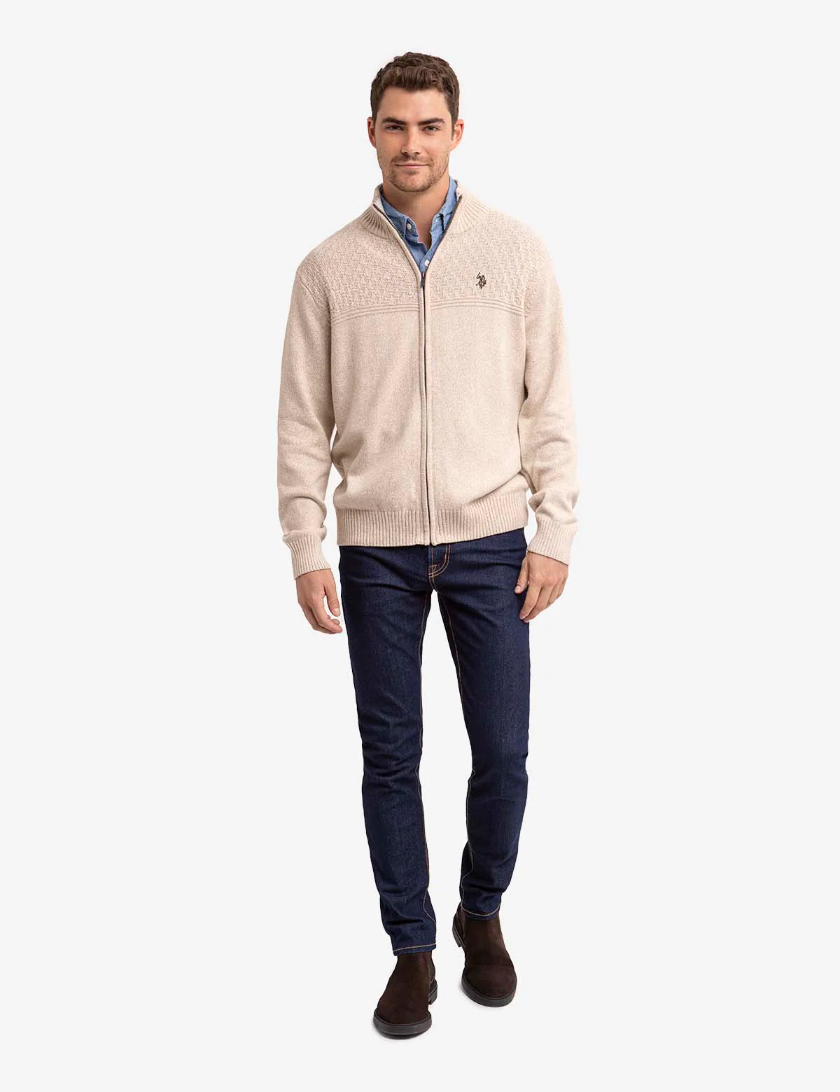 TEXTURED YOKE FULL ZIP SWEATER - Image 3