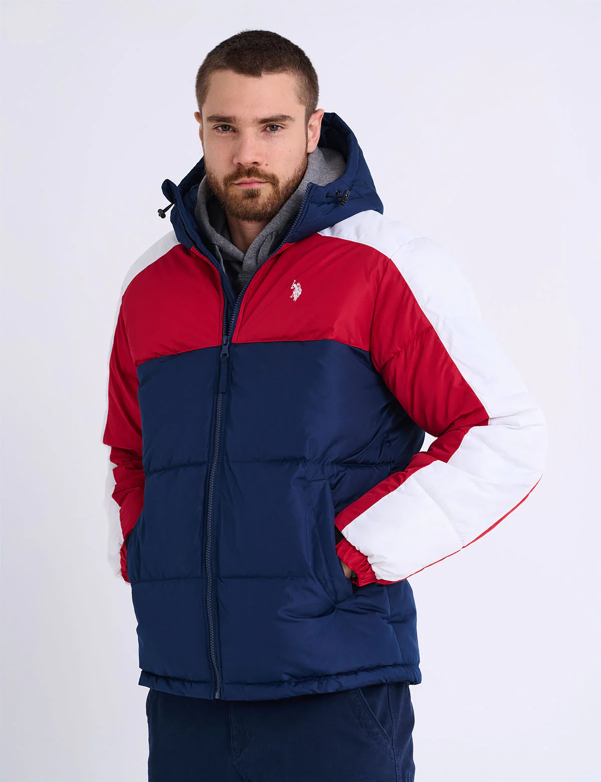 TRI COLOR BLOCK HOODED PUFFER JACKET - Image 3