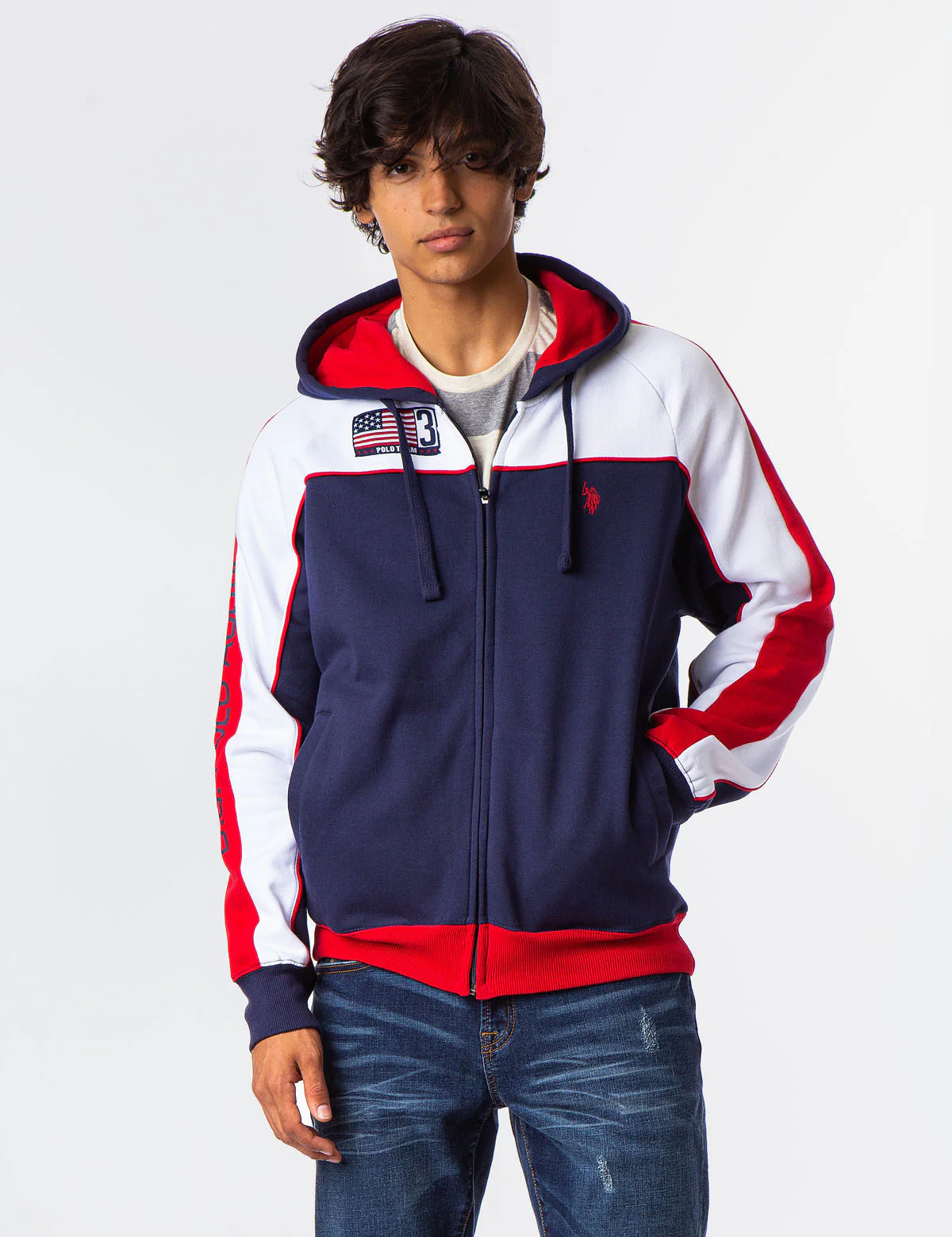 USA COLORBLOCK ZIP UP HOODED SWEATSHRIT