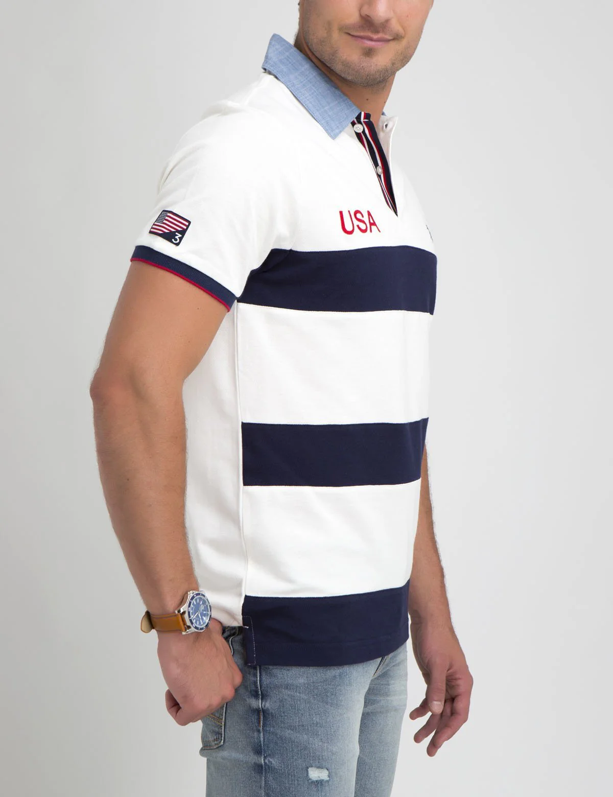 USA OXFORD COLLAR STRIPED POLO SHIRT - Image 13