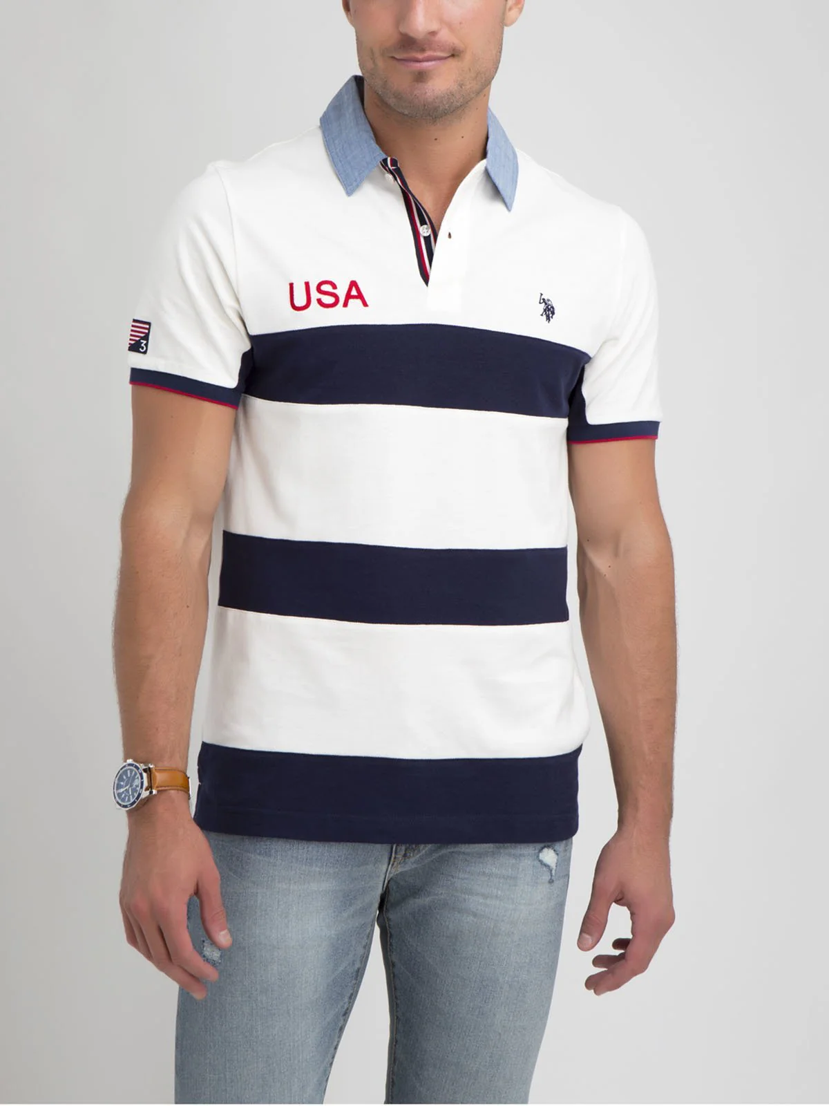 USA OXFORD COLLAR STRIPED POLO SHIRT - Image 15