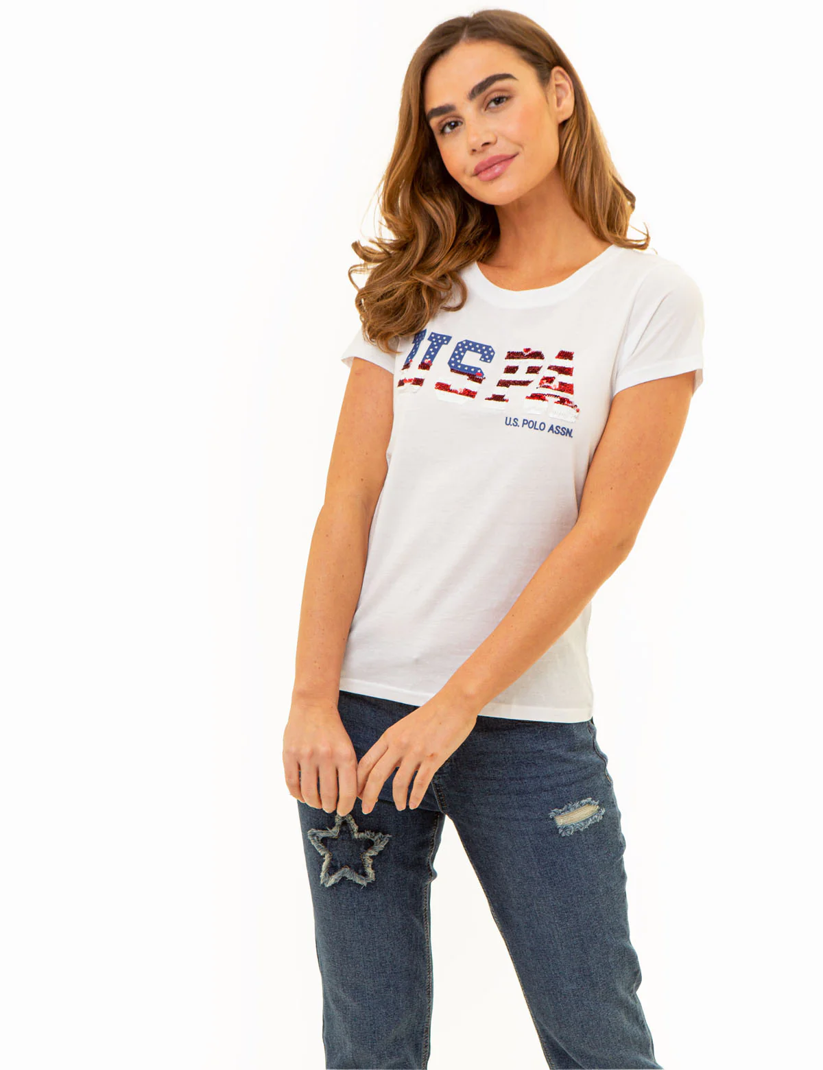 USPA SEQUINS FLAG SCOOP T-SHIRT