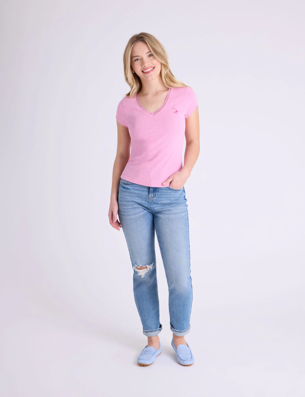 V-NECK LACE TRIM RIB T-SHIRT - Image 11