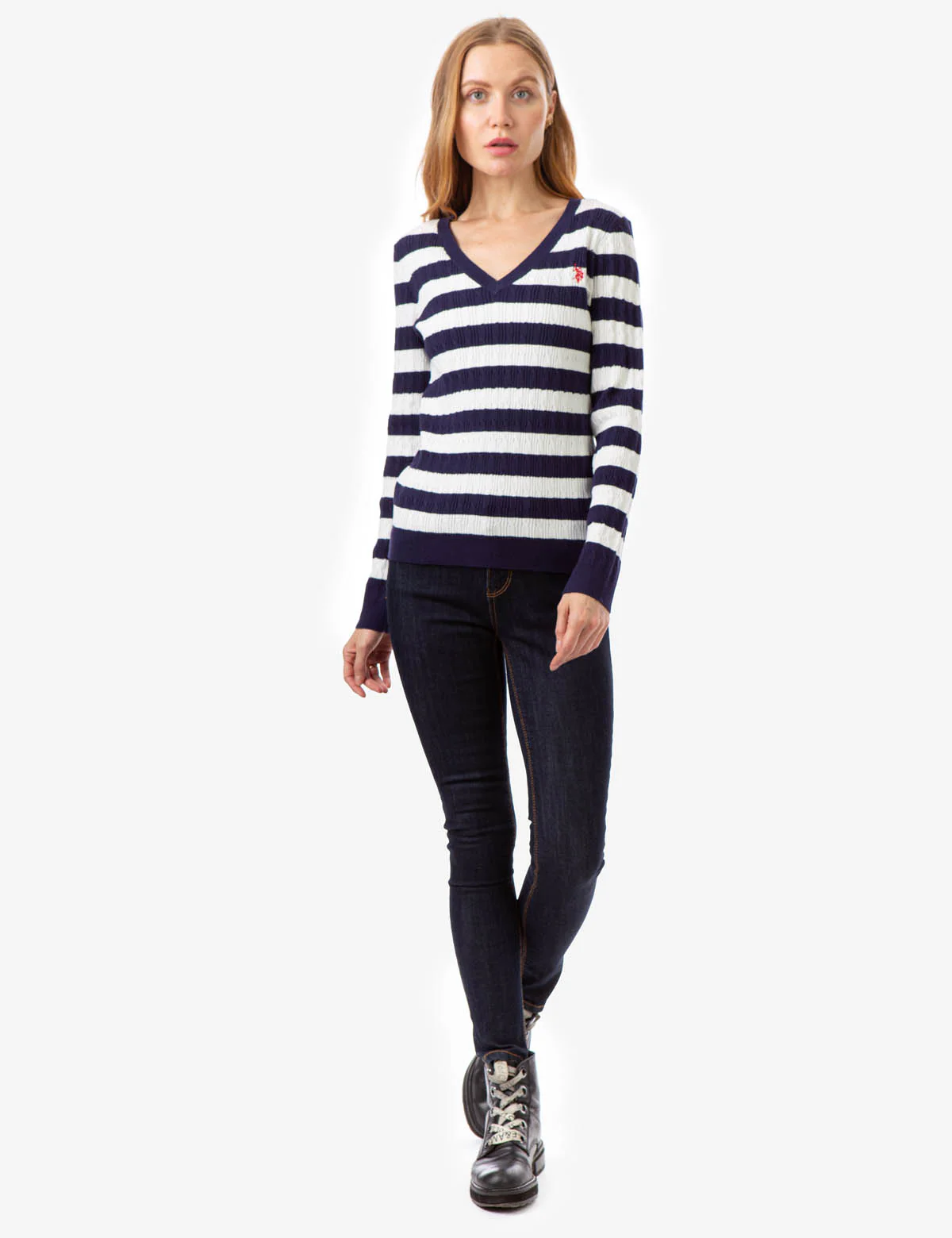 V-NECK STRIPE CABLE SWEATER - Image 2