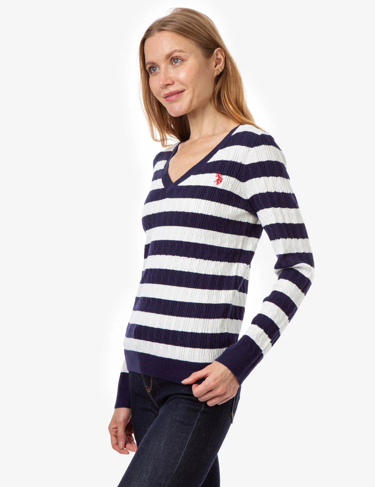 V-NECK STRIPE CABLE SWEATER - Image 3