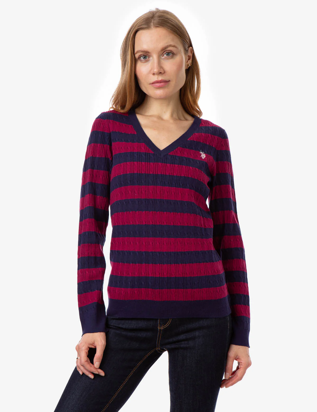 V-NECK STRIPE CABLE SWEATER - Image 6