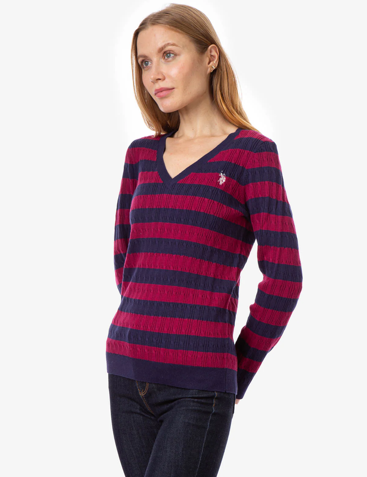 V-NECK STRIPE CABLE SWEATER - Image 7