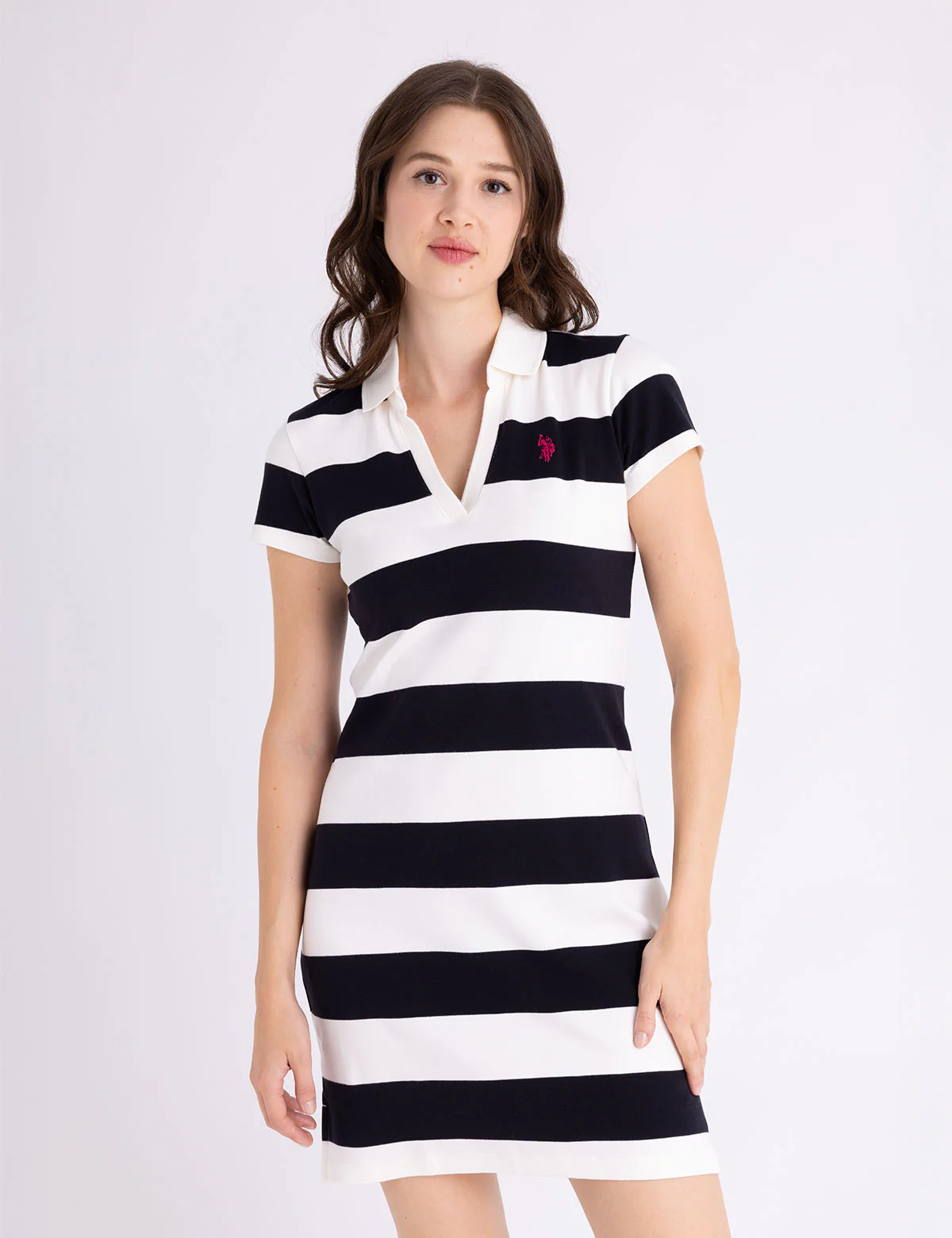 Y-PLACKET RUGBY STRIPE SLIM FIT POLO DRESS